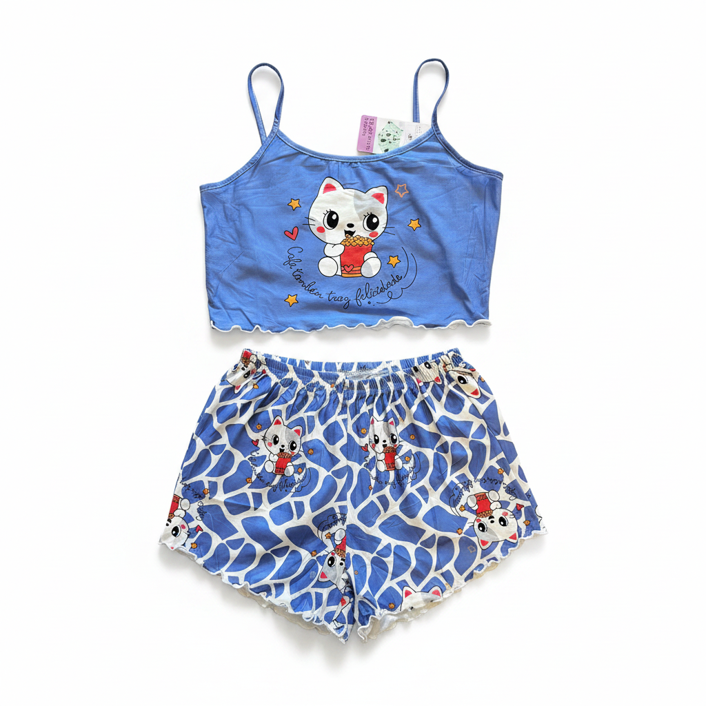 Flat lay conjunto gatito azul